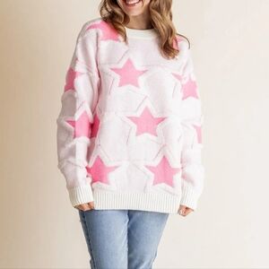 Blue Velvet Sachet Pink Oversized Star Pattern Ribbed Edge Drop Shoulder Sweater